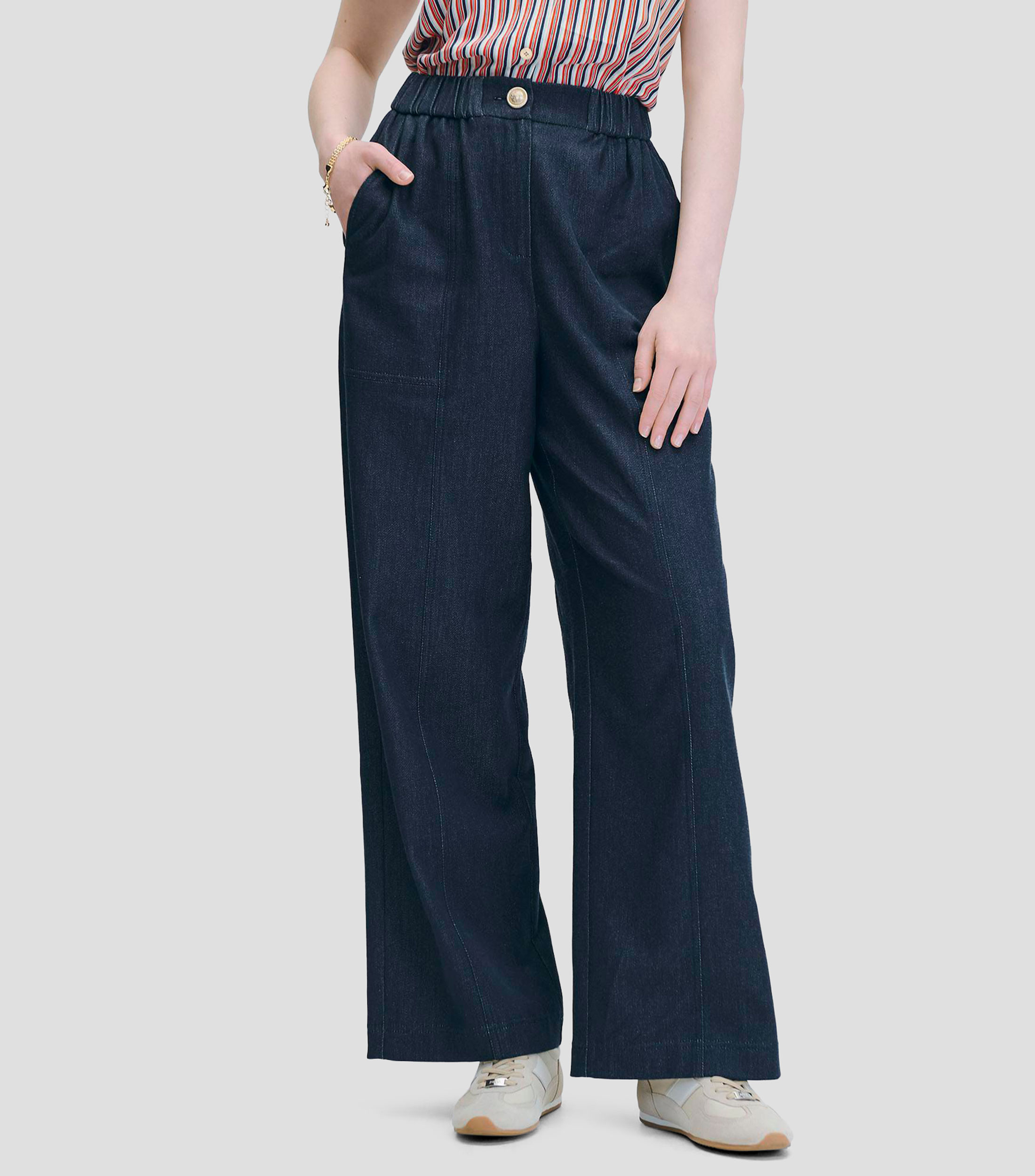 Pantalón Tipo Denim Wide Leg Tiro Alto Pretina Enresortada Mujer